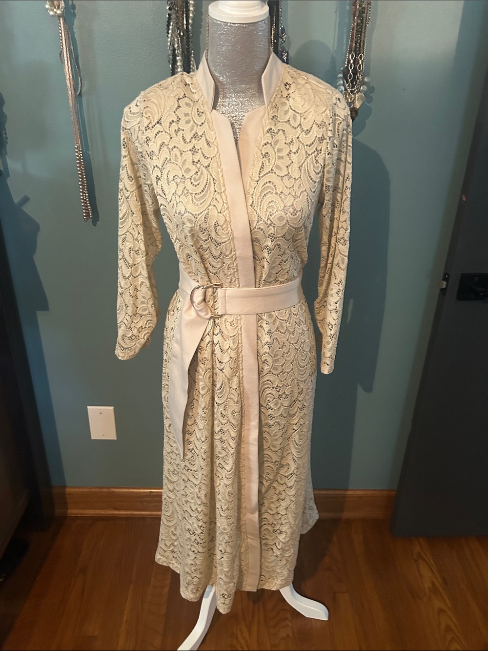 C. Wonder Cream Lace Long Sleeve Belted Midi Dress